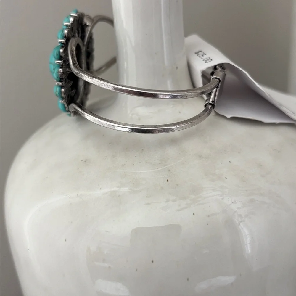 Laura Ford Silvertone double row, faux turquoise stones,Concho,cuff bracelet
